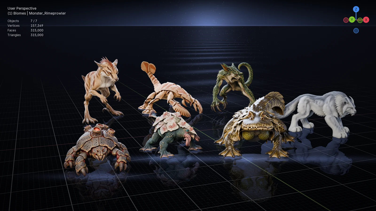 Seven monsters in the Blender viewport on a grid floor: Cindervent, Tideclasp, Mirejaw, Rimeprowler, Dunerasp, Scytheheel and Canopyreaper
