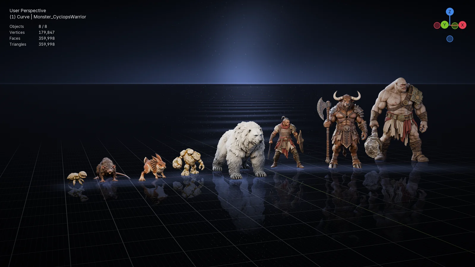 Eight monsters in a row, rising in size from Pebblepinch, a giant rat, Bramblehop and Chipling to a giant bear, a hobgoblin, a minotaur and the cyclops