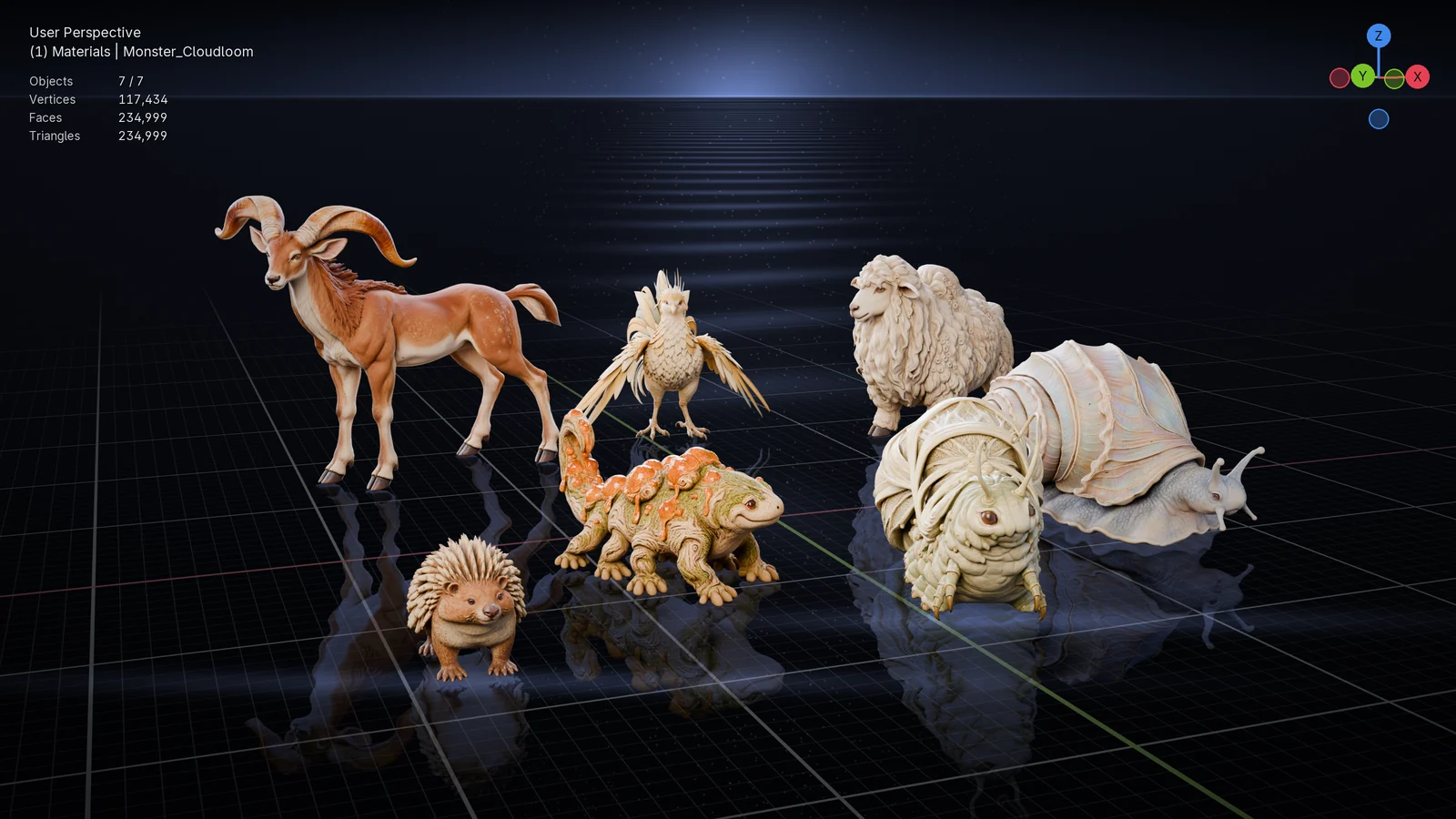 Seven monsters in the Blender viewport on a grid floor: Amberhorn, Sunplume, Cloudloom, Reedquill, Saplinger, Veilspinner and Pearlback
