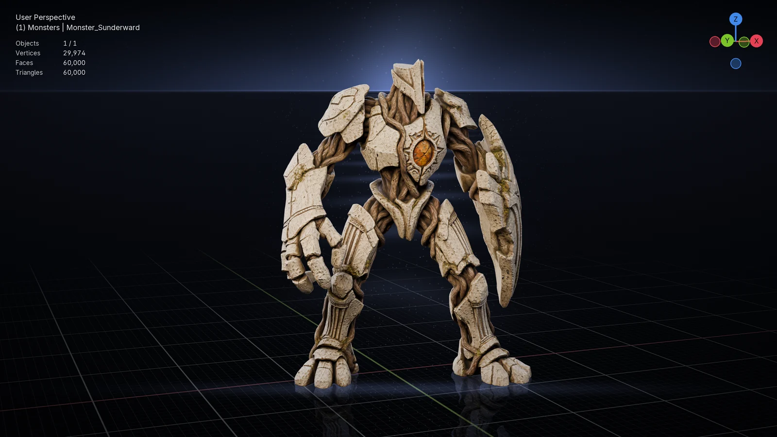 Sunderward, a towering stone figure with a shield arm, alone in the Blender viewport on a grid floor