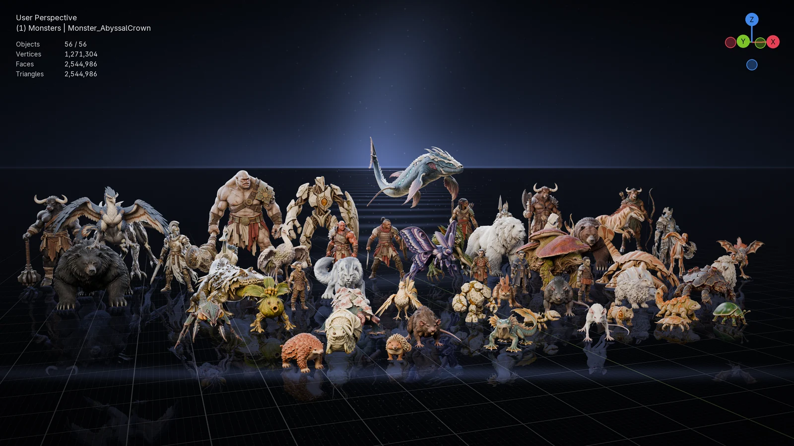 Fifty-six of our monsters in the Blender viewport on a grid floor, small creatures in front and giant bears, minotaurs and a cyclops at the back