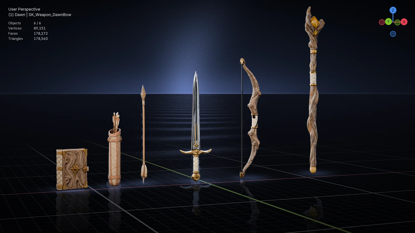 The Dawn set in the Blender viewport on a grid floor: a tome, a quiver and arrow, a blade, a bow and a staff