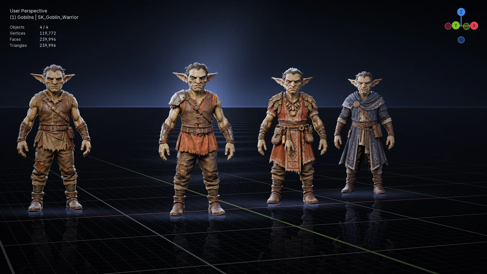 Four goblins in the Blender viewport on a grid floor: an Archer, a Cutter, a Shaman and a Mage