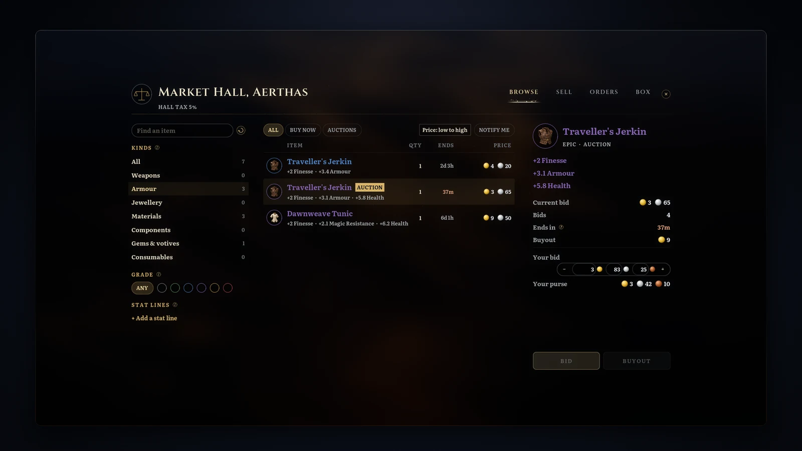 The market window in game, browsing armour with an auction among the listings