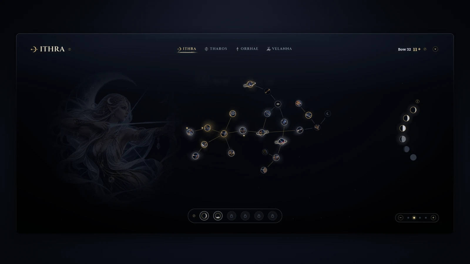 The skill screen in game: Ithra's constellation of bow skills in a night sky